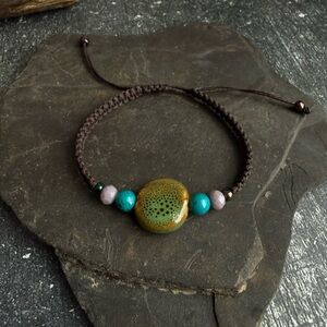 Handmade Macrame Bracelet with Green and Turquoise Beads